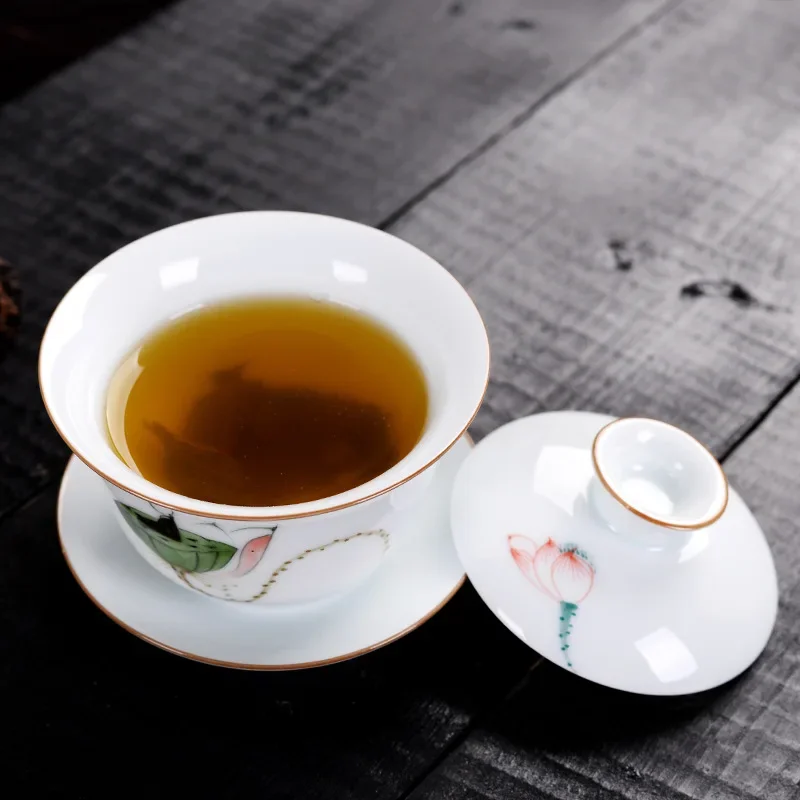 Jingdezhen-Jogo De Chá De Porcelana, Xícaras De Cerâmica E Pires, Pintado À Mão Lotus, Viagem, Fácil Gaiwan, Xícara De Porcelana, Louça