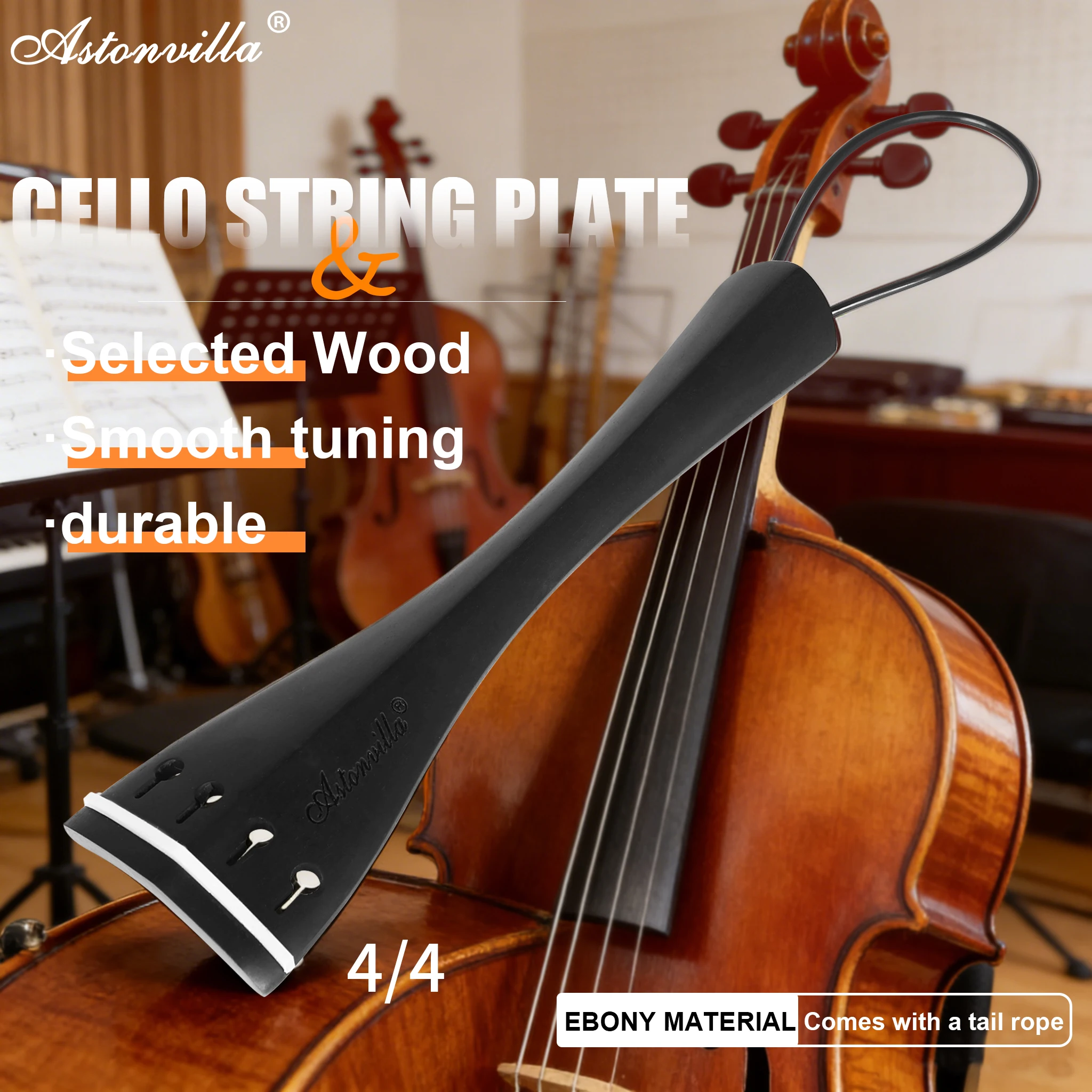 LN246 4/4 Cello Tailpiece Set Ebony Hill Style with Tailgut  Polished Cello Accessory for Enhanced Resonance