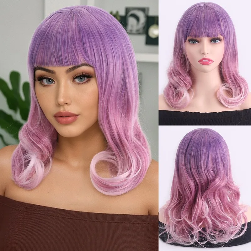 

Women's Wig Med-Length Mixed Purple Pink Curly Wig Ladies Hair Wigs+Wig Cap