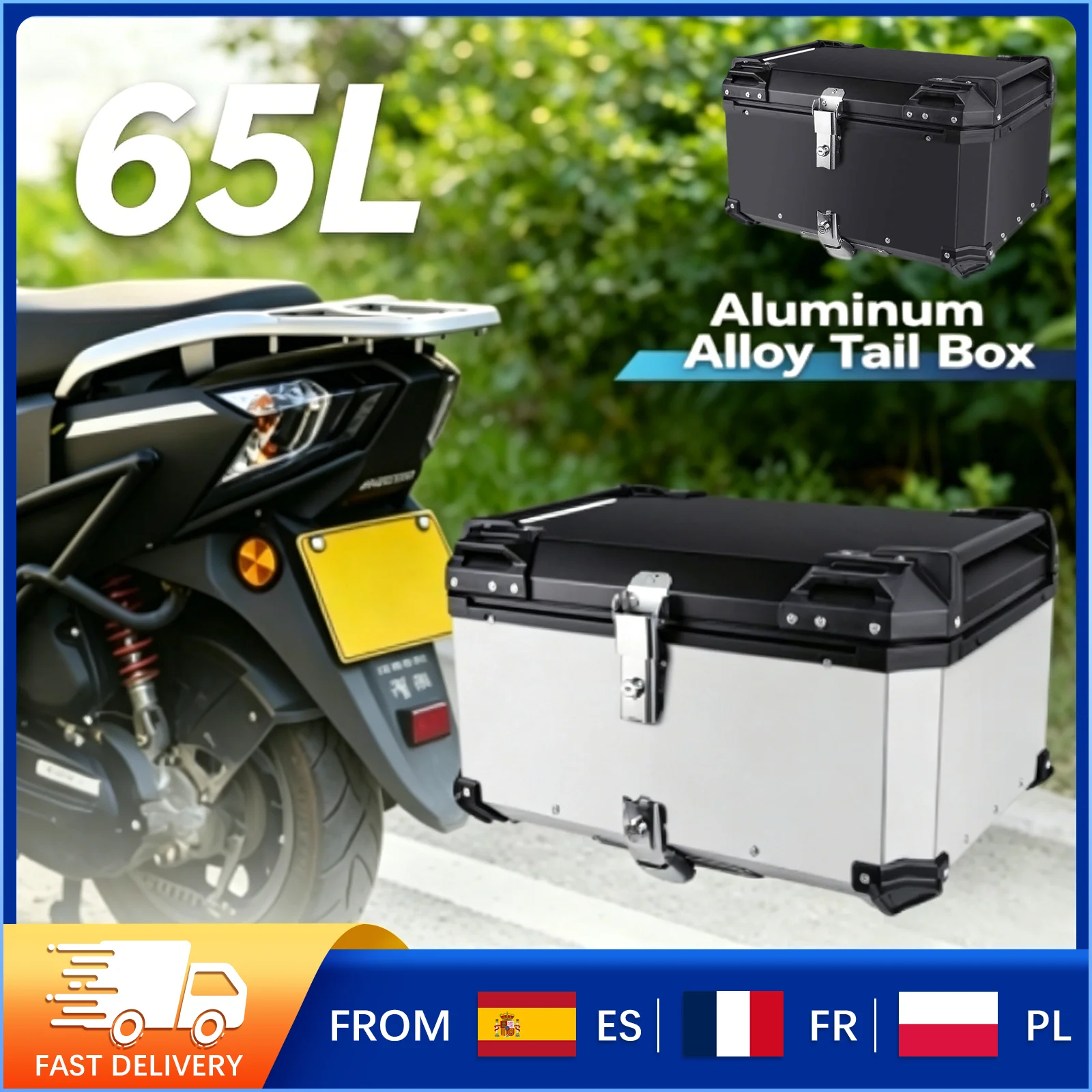 Boîte de rangement arrière pour moto de 65 L, résistante à l'usure et aux chutes, imperméable, installation facile pour une utilisation quotidienne et en voyage
