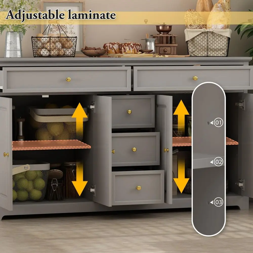 Grey Kitchen Sideboard with 5 Drawers & 4 Doors, Dining Room Storage Cabinet for Bar & Wine