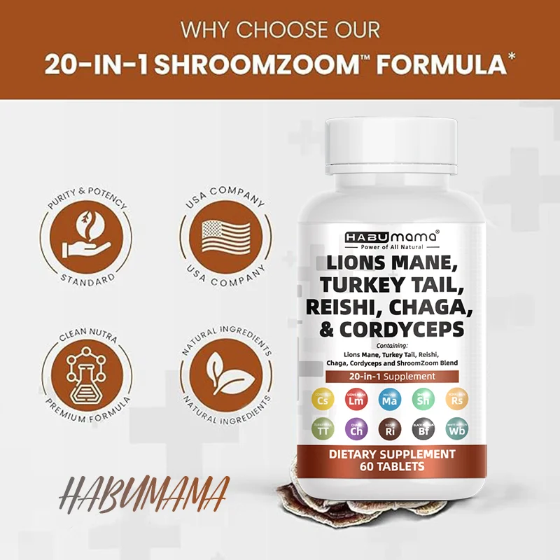 Lions Mane 3000mg 20in1 Mushroom Men Supplement with Turkey Tail 2000mg Reishi 1000mg Cordyceps Chaga 1000mg Maitake Meshima