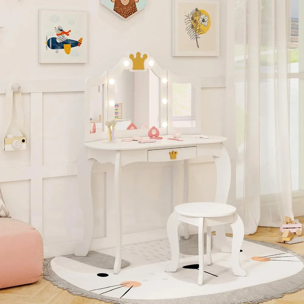 

Vanity with Lights, Crown Girls Vanity Set with Mirror and Stool and Lights, Toddler Vanity, Wooden Makeup Table