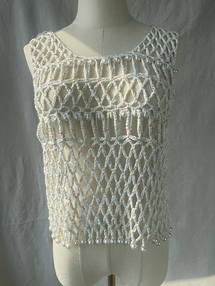 Pearl Hollow Crochet Vest Handmade Knitting Camisole Open Net Weave Vintage Tops 2024 Spring/Summer Holiday Women Clothing