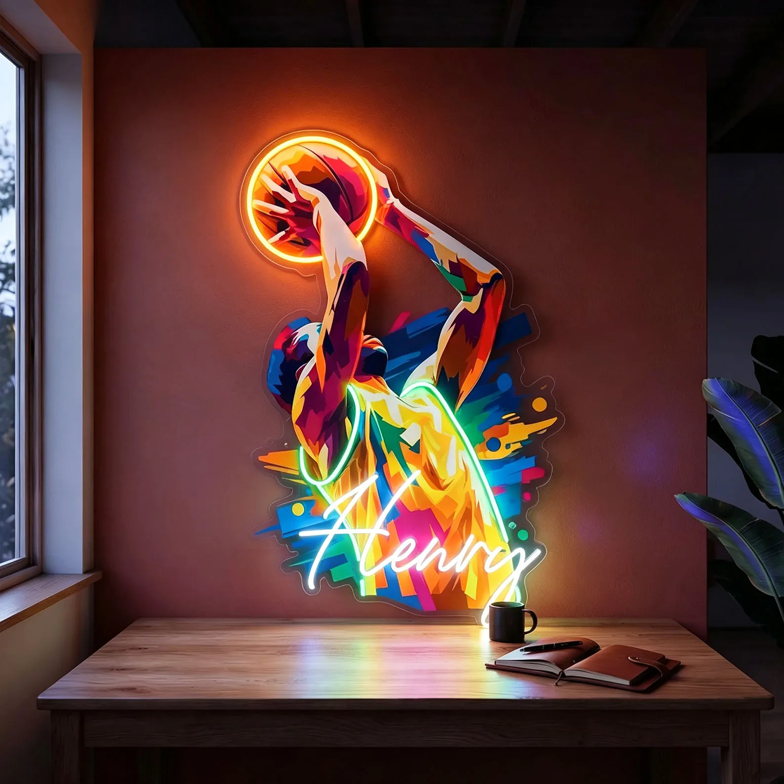 Custom Name Graffiti Basketball Player Printed Neon Sign,Splash Art Jump Shot Player Decor,Basketball Wall art,Sports Lover Gift
