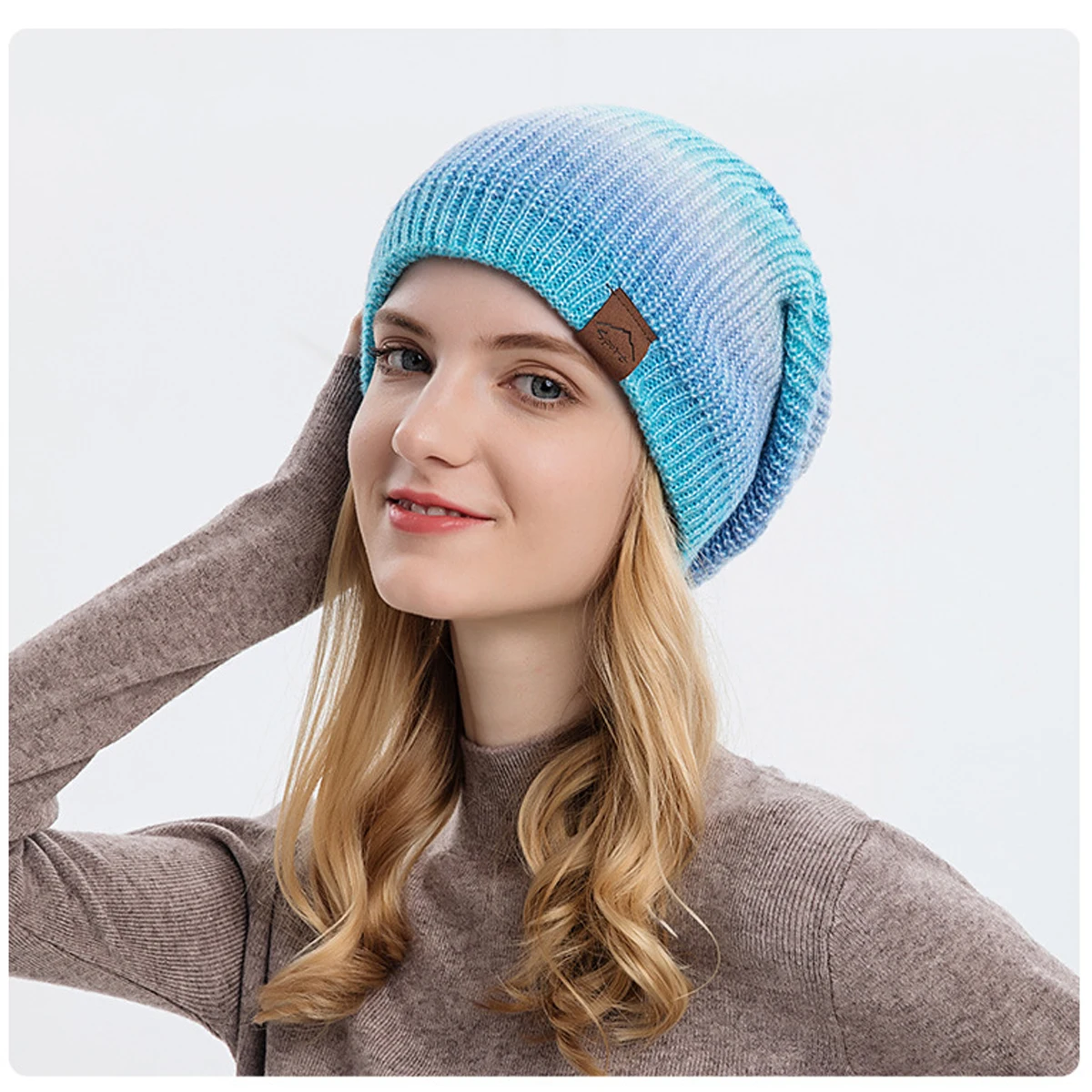 Womens Gradient Slouchy Hat Winter Ladies Knitted Mixed Color Beanies Warm Casual Skull Snow Caps Outdoor Running Sports Beanie