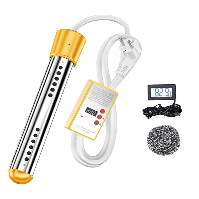 

Immersion Water Heater, 1500W Electric Submersible Water Heater with Timer, Stainless Steel Guard Cover EU Plug-A07G