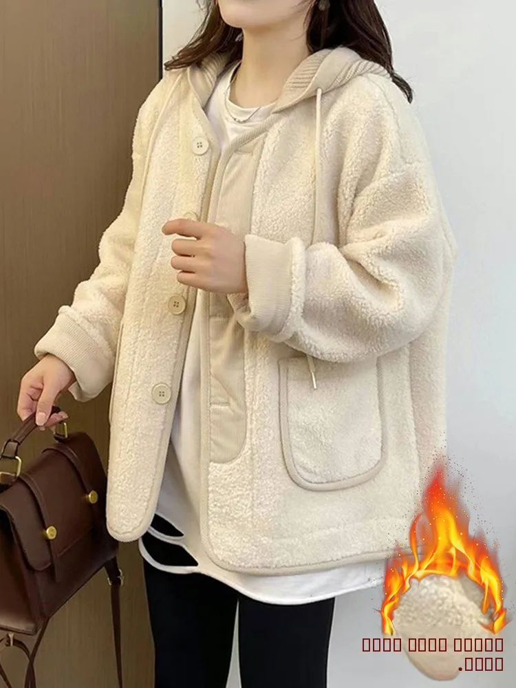 

Sli ort Fur Leather Jaet Women's Thi Warm Hooded Top Simptic Loose Fit Long Sve Pure Color Daily Wear