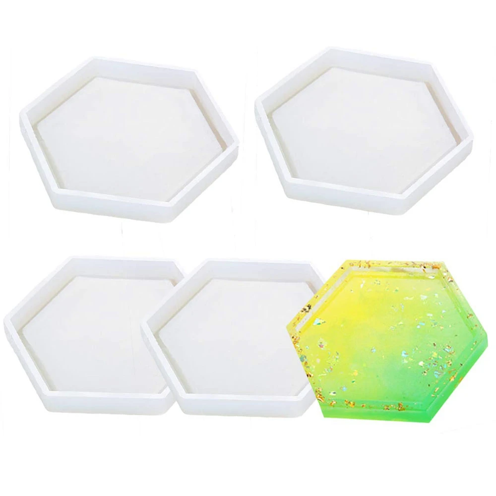 4 Pack Hexagon Silicone Coaster Molds Silicone Resin Mold, Clear Epoxy Molds For Casting With Resin, Concrete, Cement And Polyme