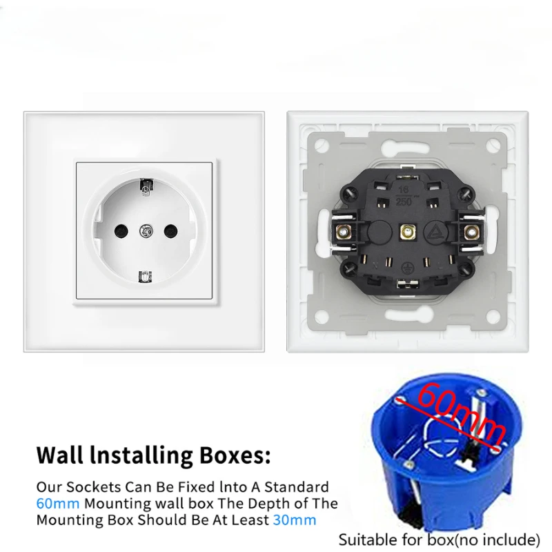 

Eu standard glass recessed telescopic electrical 16A socket. Suitable for Russian circular bottom box wall socket AC110-250V