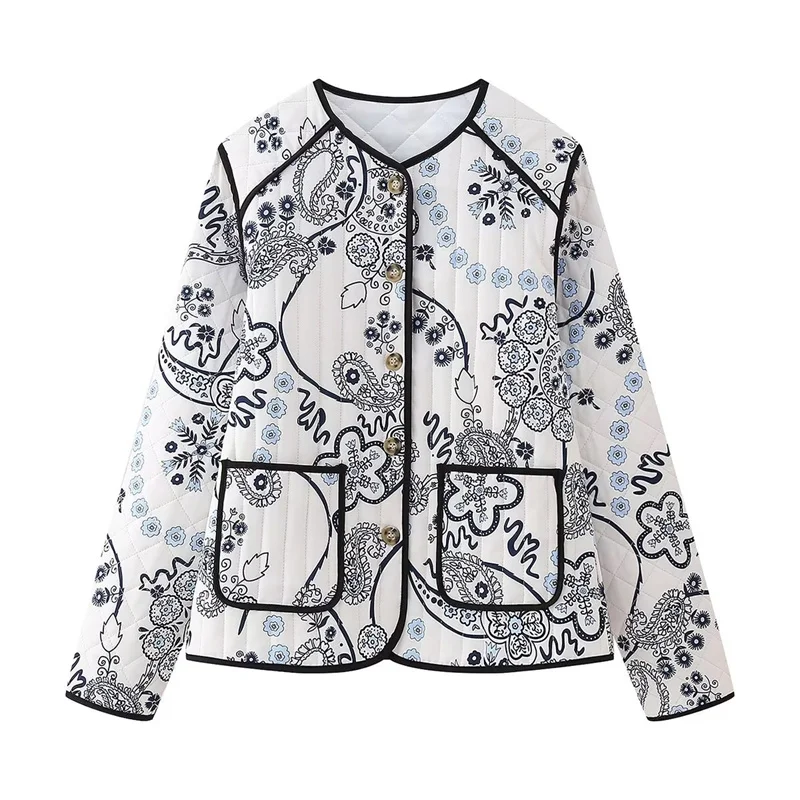 KEYANKETIAN Autumn/Winter New National Vintage Floral Printing Women\'s Quilting Coat Cropped Single Breasted Loose Jacket Top