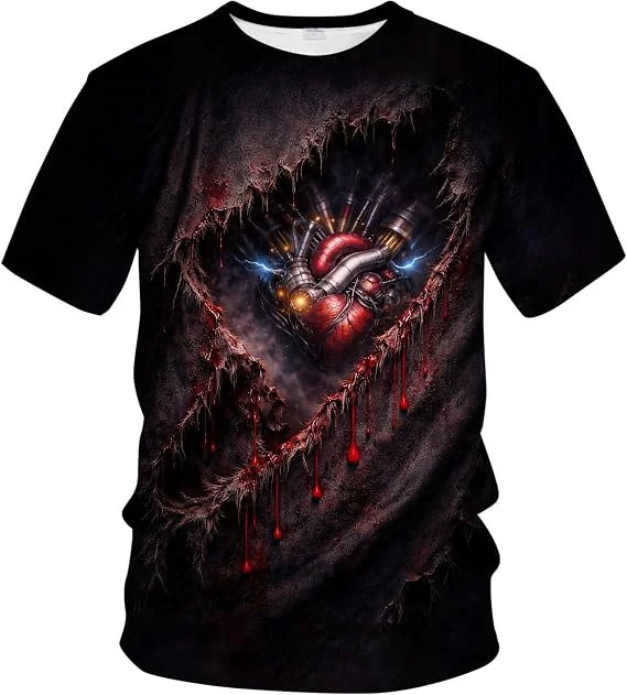 3D Printing Cyber Mechanical Heart 3D Print T‑Shirt, Blood Ripped Gothic Horror Short Sleeve Street Top A Family Set