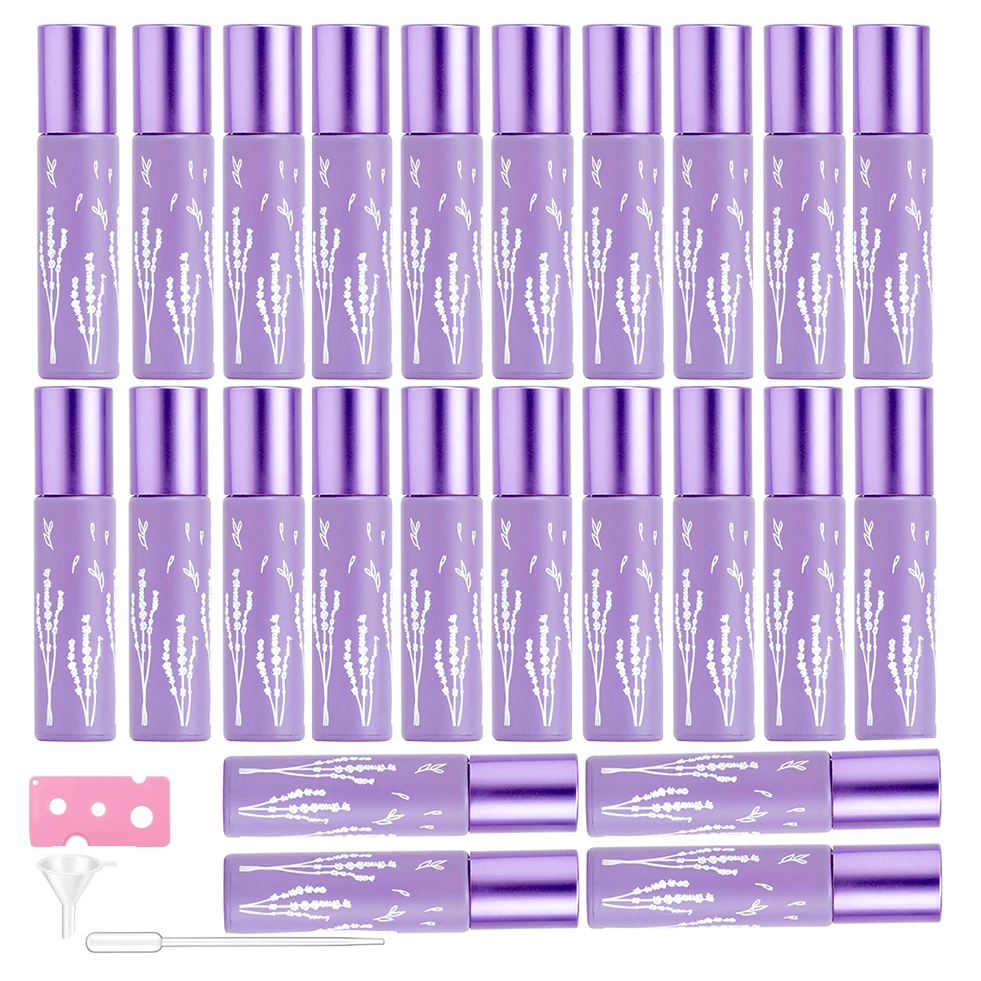 

24pcs 10ml Glass Roller Bottle With Stainless Steel Balls Empty Essential Oil Bottle Roll On Bottle Purple Travel Sample Vials