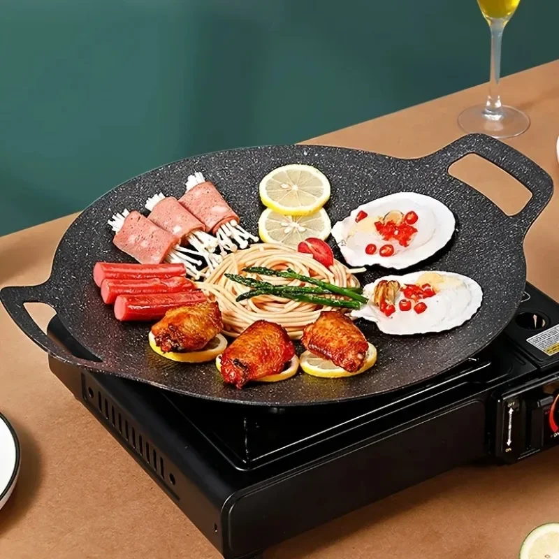 Non-stick Roasting Pan Cast Iron Double Handled Crepe Pan Round Griddle Grill Pan for Korean BBQ Round BBQ Griddle with Handle