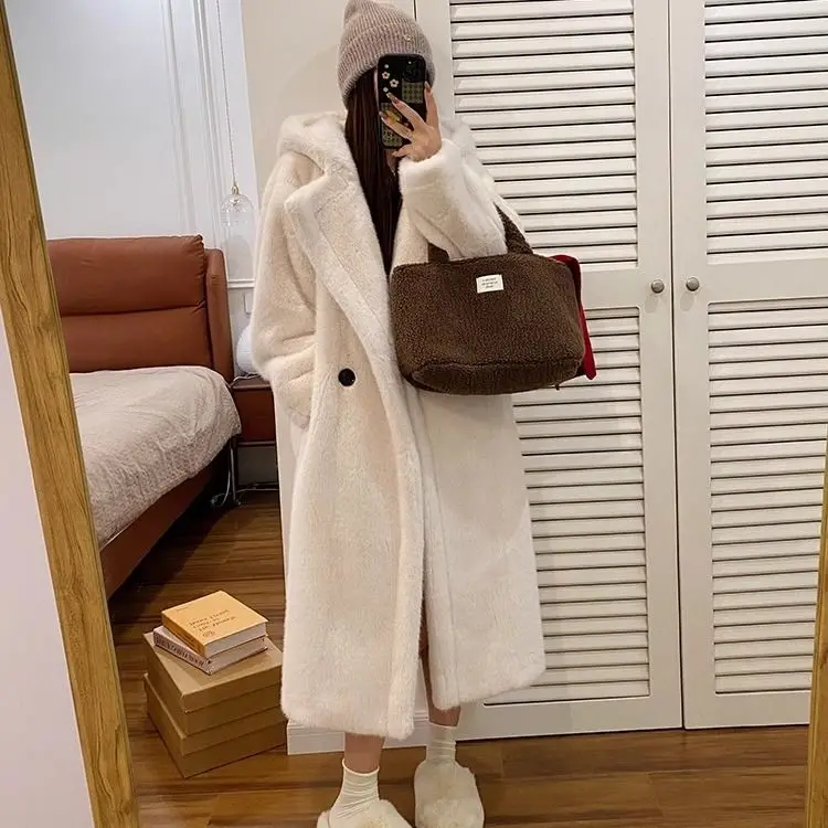 Fur One-Piece Coat Women Winter New Thickened Fur Hooded Lazy Style Imitation Mink Velvet Loose Fur Mid-Length Loose Coat