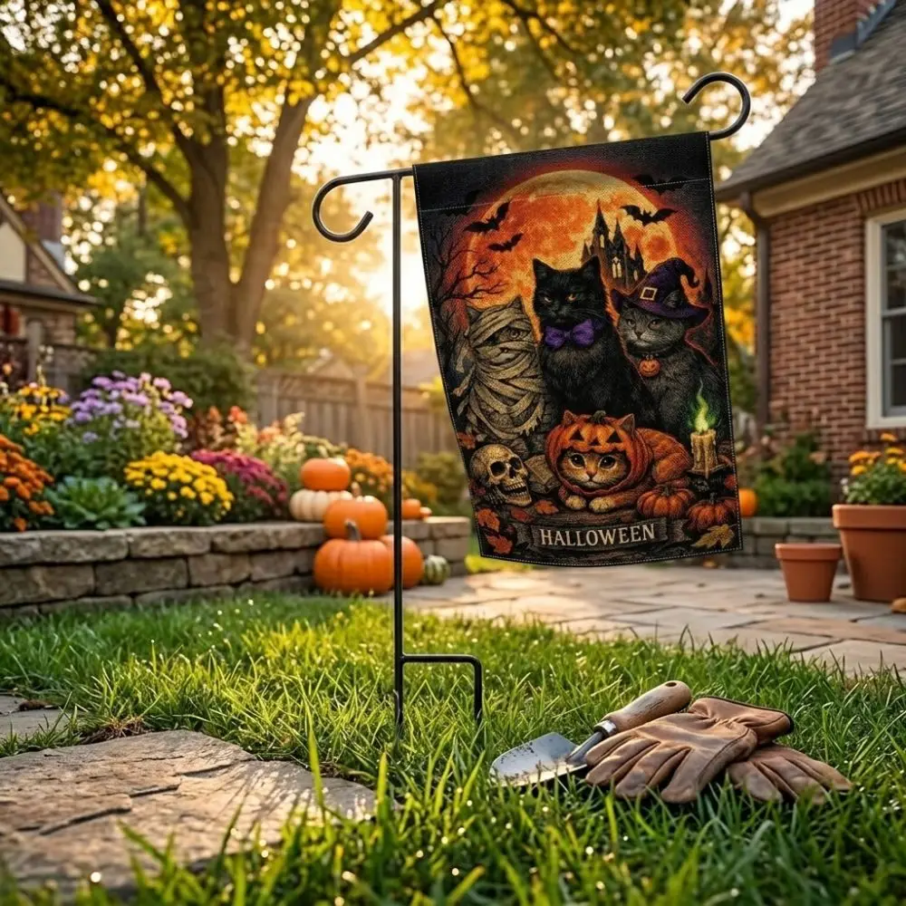 2D Flat Print Halloween Garden Flag Spooky Haunted House Witch Ghost Yard Flag Polyester Single Sided Holiday Garden Flag