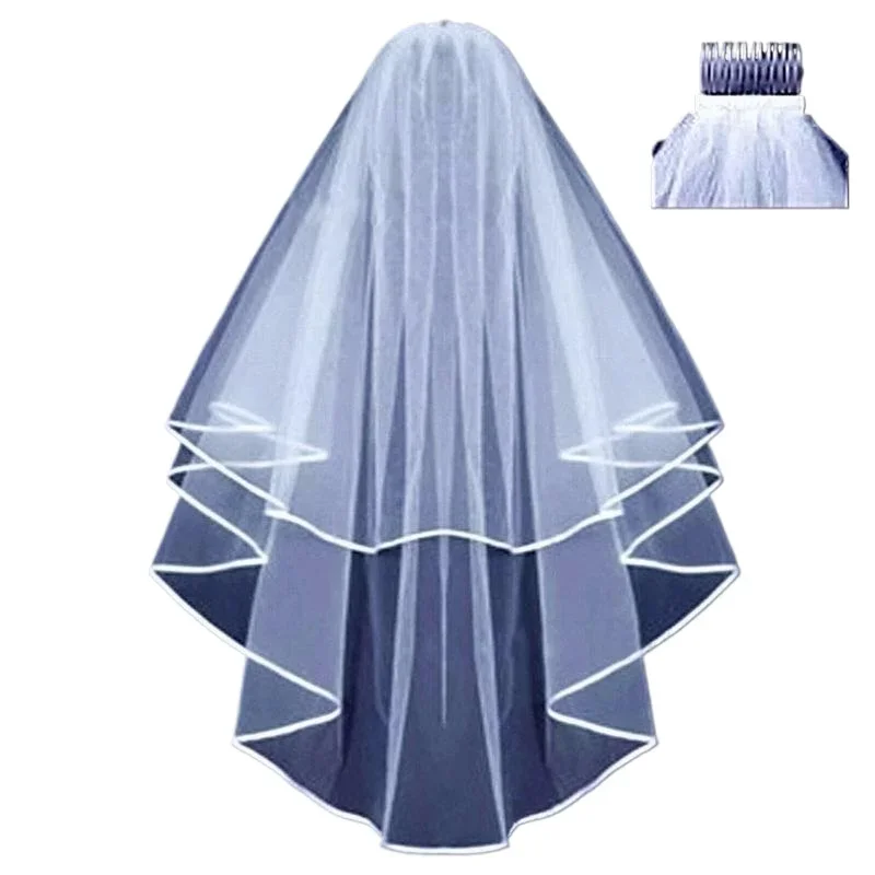 New Arrival Wedding Accessories Two Layer Ribbon Edge White Ivory Wedding Veils Bridal Veil Comb