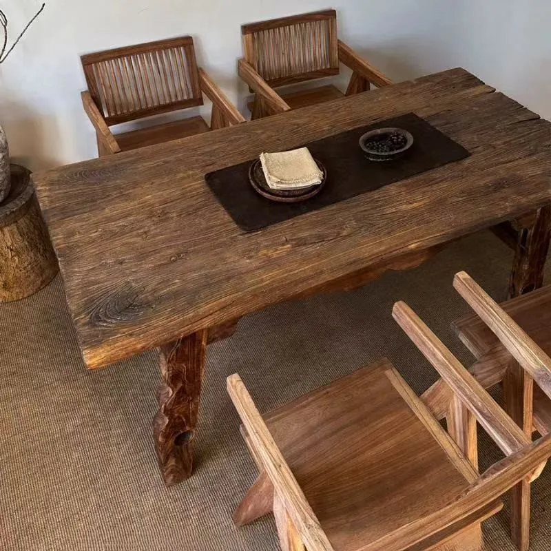 #Old elm weathered dining table, chairs, old wooden coffee , tea set, bed and breakfast hotel coffee , solid wood rectangular
