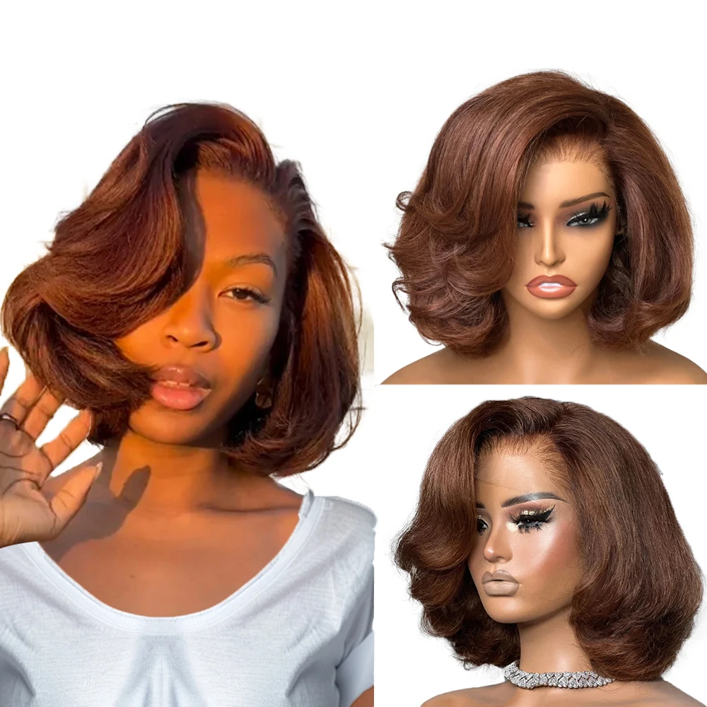 

﻿ Ginger Reddish Brown Layered Cut Wear And Go Wig Human Hair Glueless Pre-Cut Lace Front Wig Loose Deep Wave Lace Closure Wig