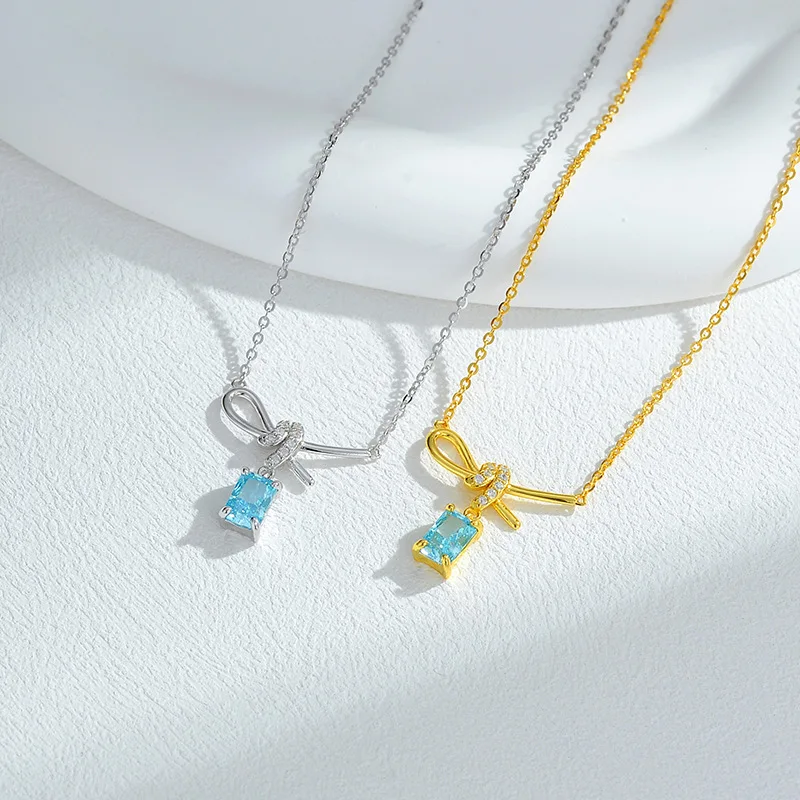 

S925 Стерлингового Серебра Лента Бант Женское Ожерелье Роскошный Ледяной Цветок Камень Куб Кулон Подарок Для Подруги