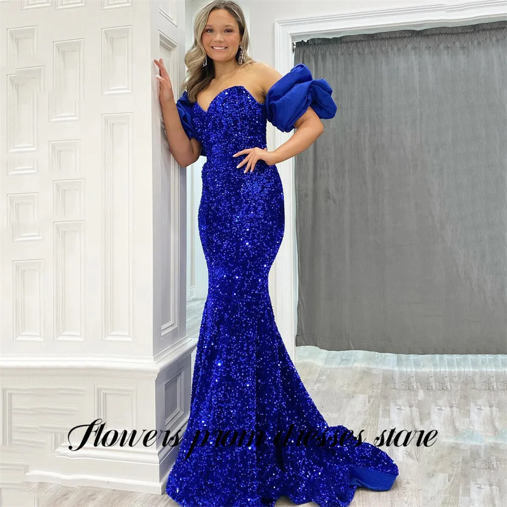 

Flowers Blue Formal Gown Sweetheart Prom Dresses Detachable Satin Sleeves Evening Dress Mermaid Glittery Modern Style Customized
