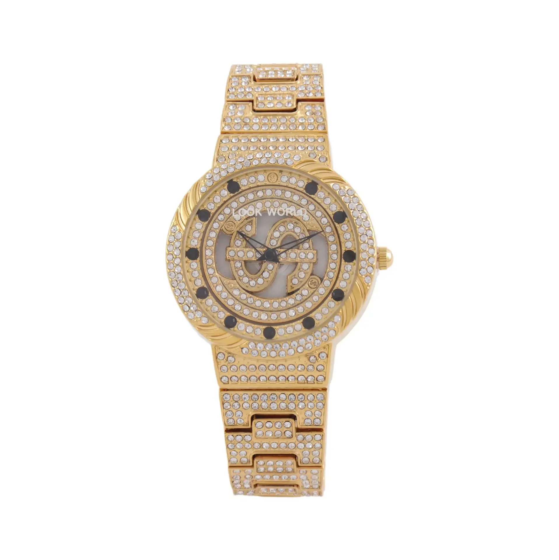 A quartz watch for women and men, with a full body set with rhinestones and a rotating dial to symbolize the time of day!