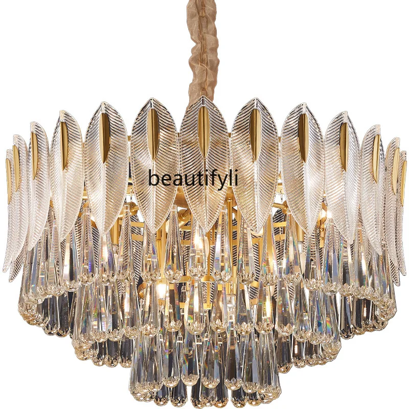 

LBX Post-Modern Copper Light Luxury Crystal Chandelier Lamp in the Living Room round Simple Bedroom Dining-Room Lamp