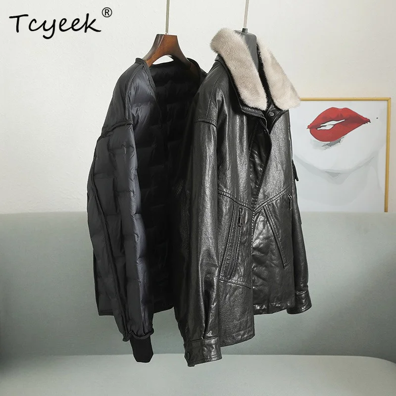 Tcyeek Top Layer Cowhide Real Leather Jacket Women Winter Clothes Real Mink Fur Collar Warm White Goose Down Coats Woman Fashion