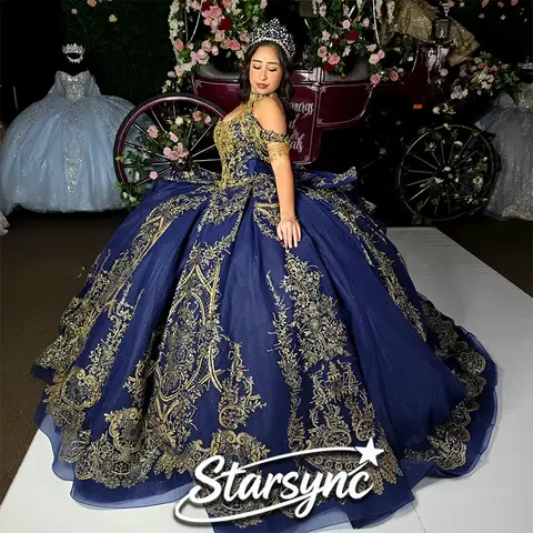 STARSYNC Customized Shiny Dark Blue Quinceanera Dress off-shoulder Golden Glitter Crystal Decal Long tail Bow vestidos de 15