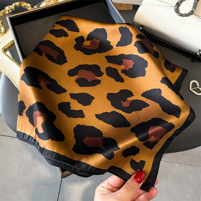 2024 New Women Silk Leopard Print Square Scarf Luxury Brand Female Beach Stoles Echarpe Satin Headband Shawl Wraps Bandana