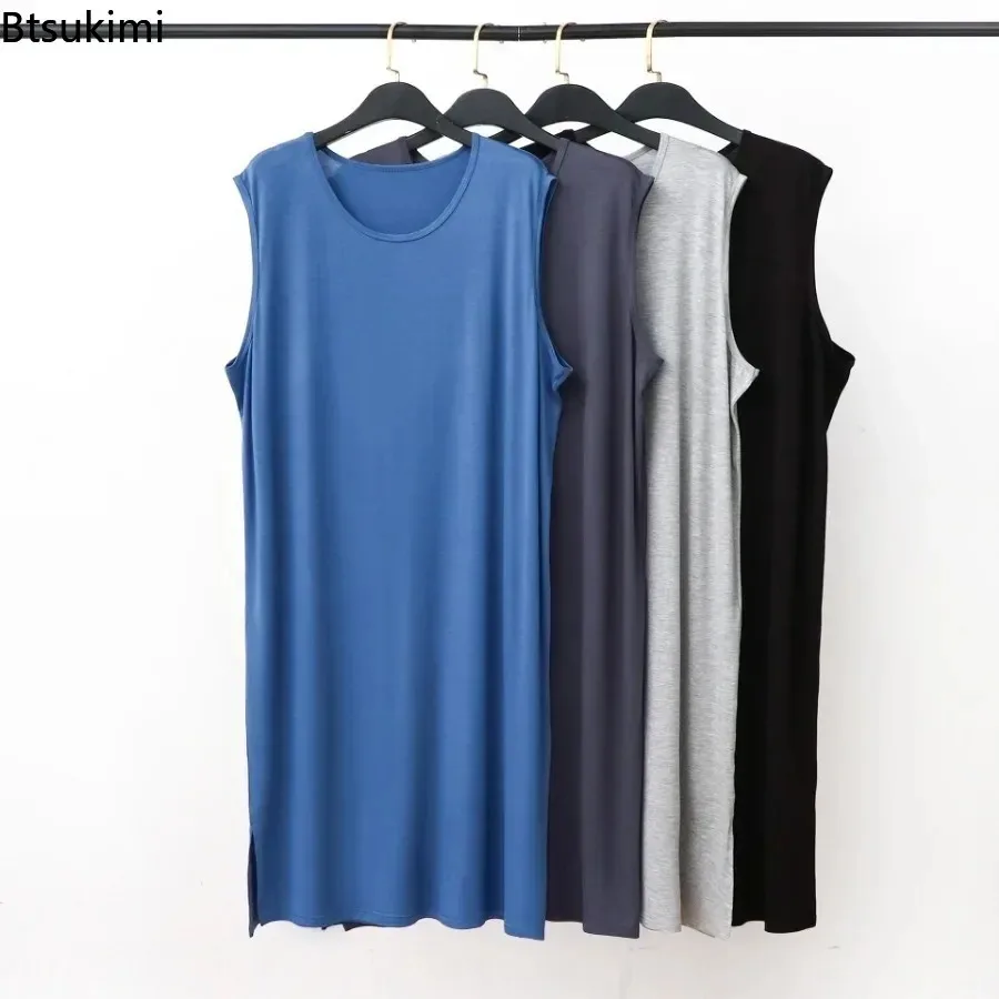 

2025 мужские летние пижамы из модала, новый жилет, стильный длинный халат без рукавов большого размера, мужской свободный мягкий удобный домашний халат