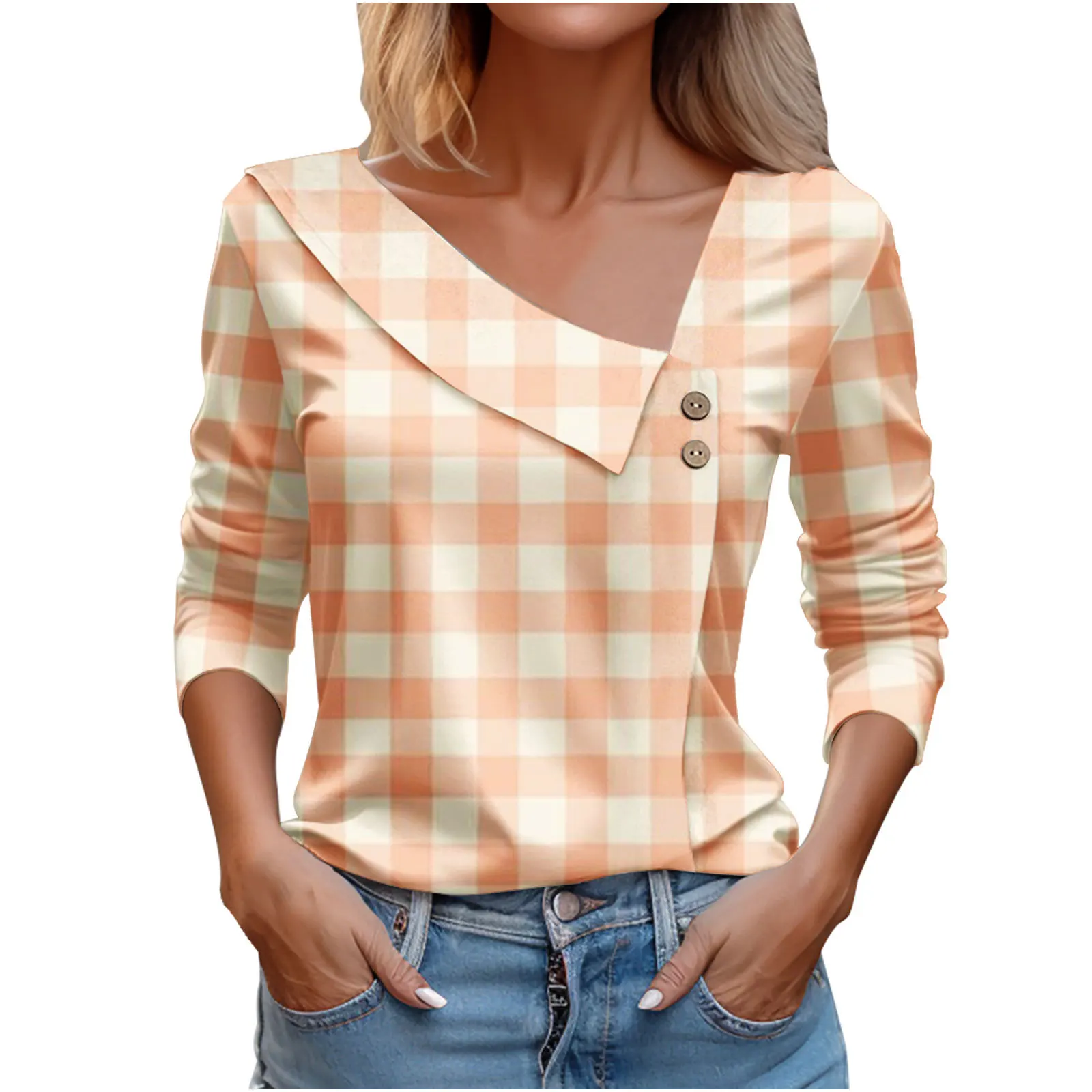 

Casual plaid Print T Shirts For Women 2024 Spring summer Skew Collar Long Sleeve T Shirt Women Office Button 3D T-Shirt Tops