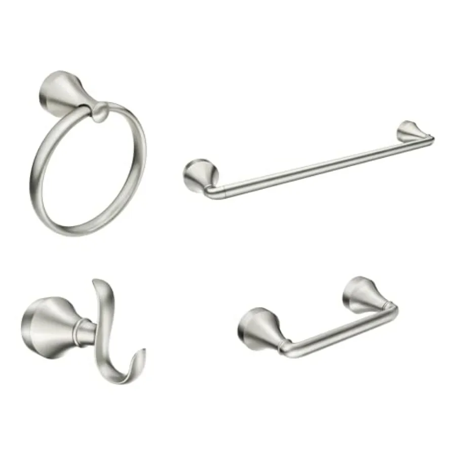 

Wellton Brushed Nickel 4-Piece Bathroom Accessory Collection, Includes Towel Ring, Robe Hook, Towel Bar, and Pivoting Toilet Pa