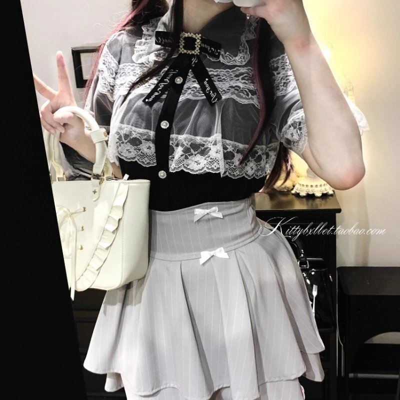 Japanese Original Rojita Single-breasted Shirt Mine Series Mass-produced Solid Color Lace Bucket Short-sleeved Blusas De Mujer