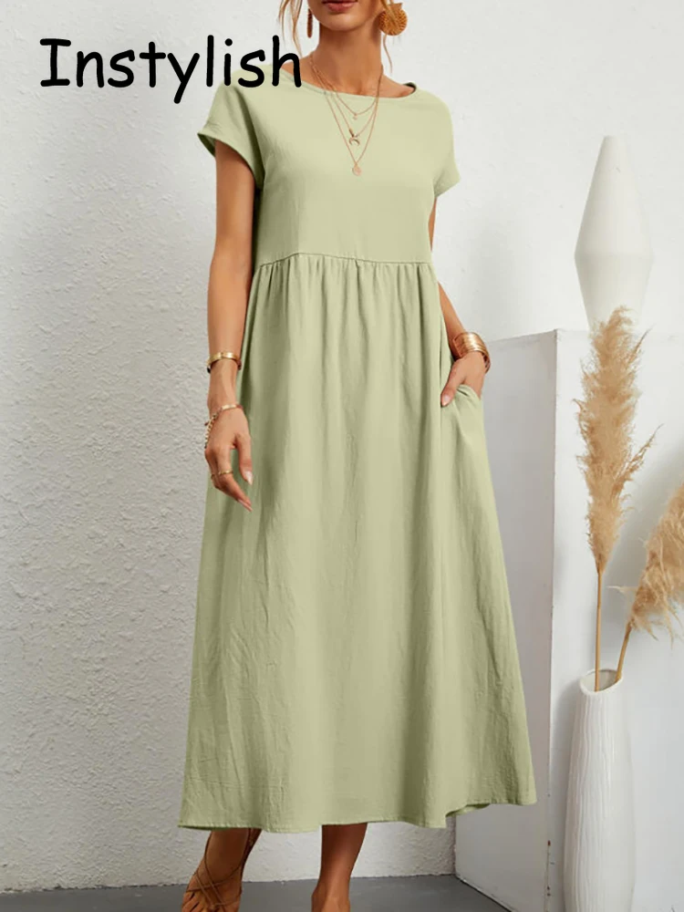 Kobiety elegancka sukienka Maxi w jednolitym kolorze lato z krótkim rękawem O szyi Vintage bawełniane, w stylu Harajuku lniana luźna Sundress Y2K kieszenie długa sukienka