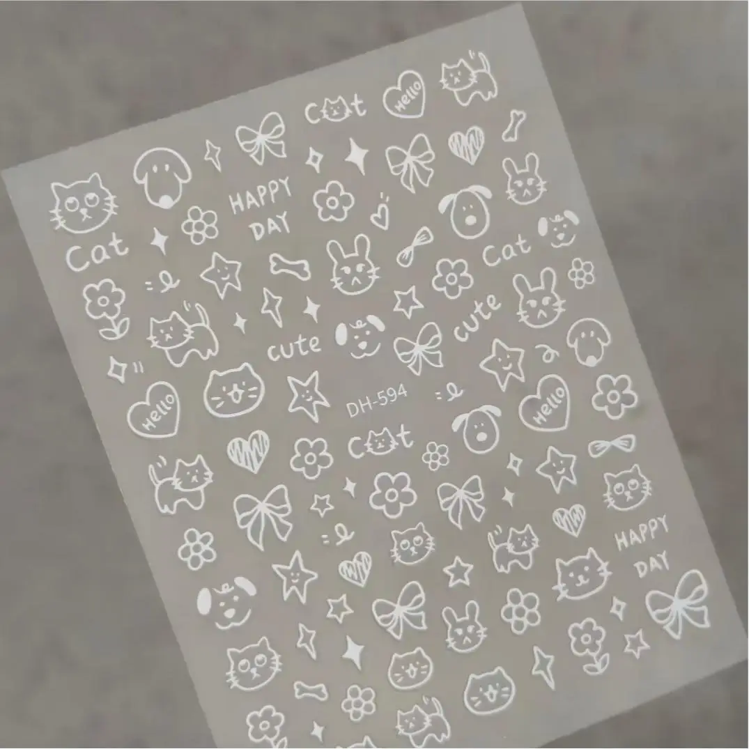 1 Set Flat Graffiti Cat Dog Nail Stickers Hand Drawn Cartoon Self Adhesive DIY Manicure Nail Art Decor Ornaments