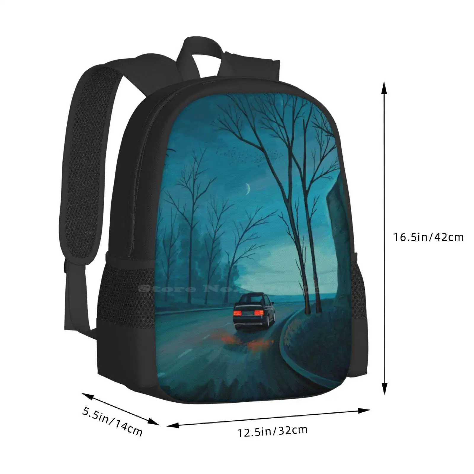 Mochila De paseo nocturno, bolsos de moda, paisaje nocturno, Luna, cielo azul, árboles rurales, naturaleza, bosque, negro, coche, carretera, gran oferta