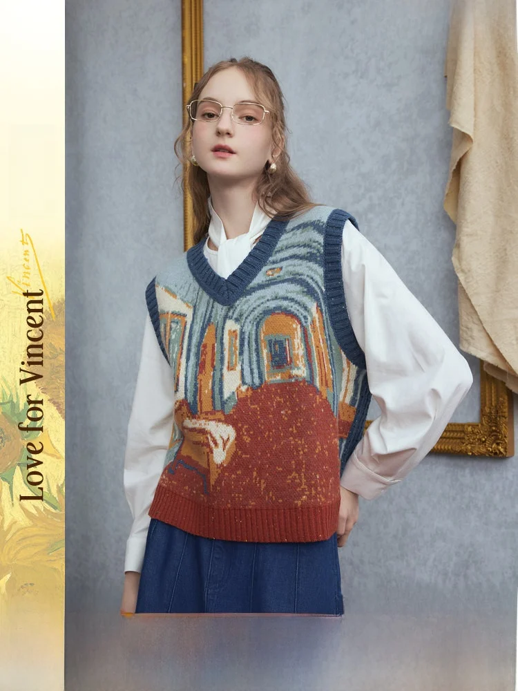 

Loose Women's Knitted Vest Abstract Pattern Winter New Arrival Fce Lined V-Ne Regular Length No Button Closure