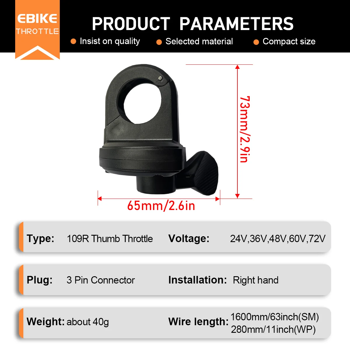 

EBike Thumb Throttle 12V-72V Quick Release Bicycle Thumb Accelerator Right Hand Throttle for Electric Bike Scooter Accessories