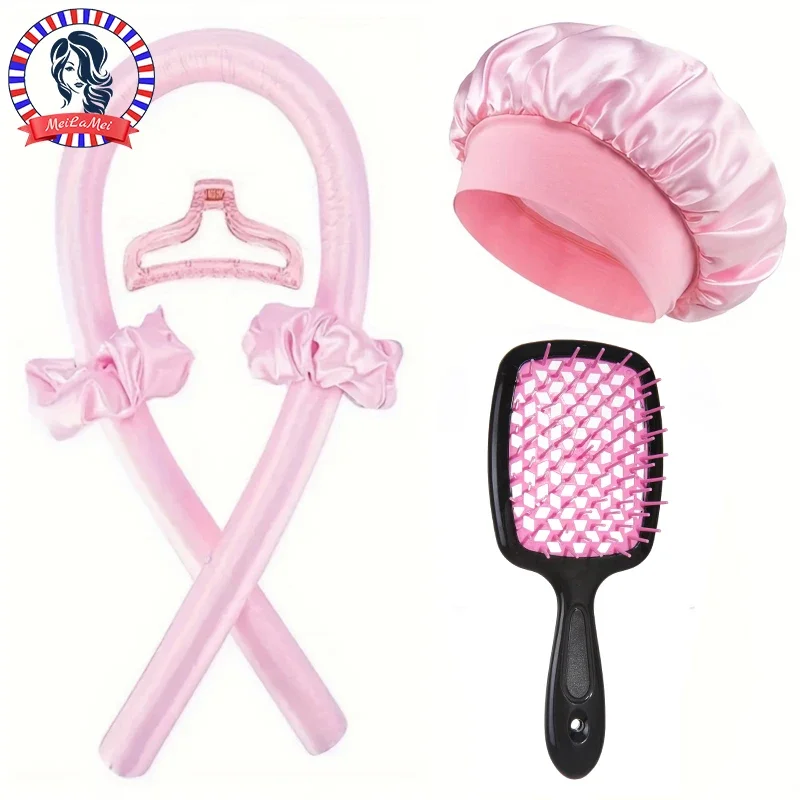 Kit de bouclage sans chaleur DIY, Peigne creux volumisant, Cheveux bouclés sans chaleur en soie, Boucleur de nuit, Brosse de massage, Bonnet de nuit doux en satin