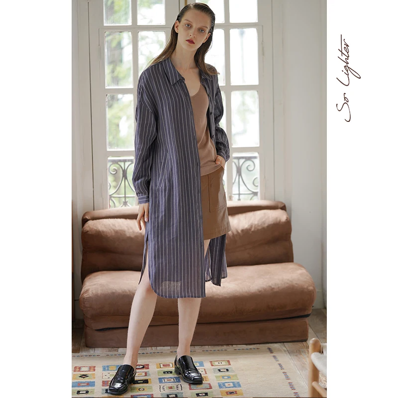 

SoLighter Women's Striped Long Sve Linen irt Versatile Mid-Length Commute Sle Button Closure Straight Cut Fall 208 New