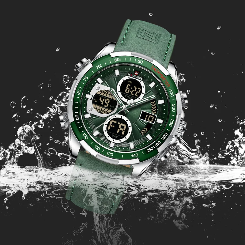 Imagem -03 - Naviforce-relógio de Couro Verde Impermeável Masculino Relógios de Marca Top Relógio Militar Masculino Esporte Day Date Display Grande Clock Nf9197