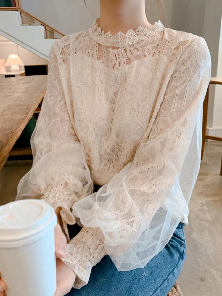 

Summer White Mesh Shirt Woman Vintage Lace Lantern Sleeves Jacquard Chiffon Shirt Soft Girl Lolita Shirt Blusas Mujer Blouse