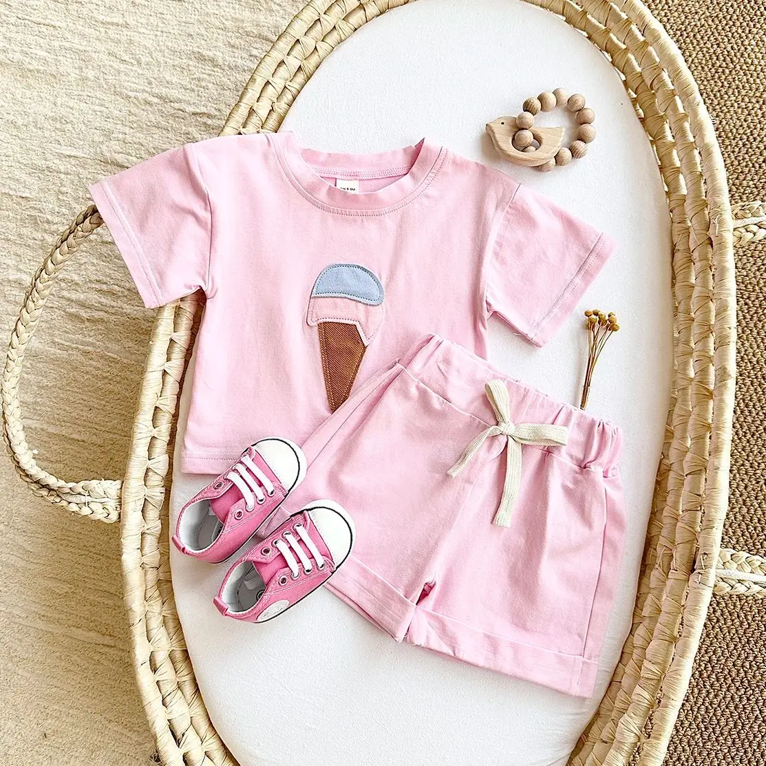 INS Summer Baby Clothes Set Newborn 2PCS Ice Cream Print Round Neck T-shirt+Sports Shorts Boys Girls Infant Toddler Outfit Set