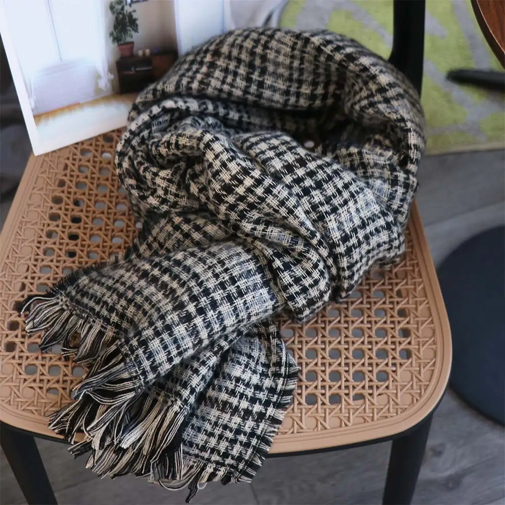 韓国風アクリル繊維格子柄ニットスカーフロング暖かいメンズ厚手ショールストールソフト両面スカーフ冬