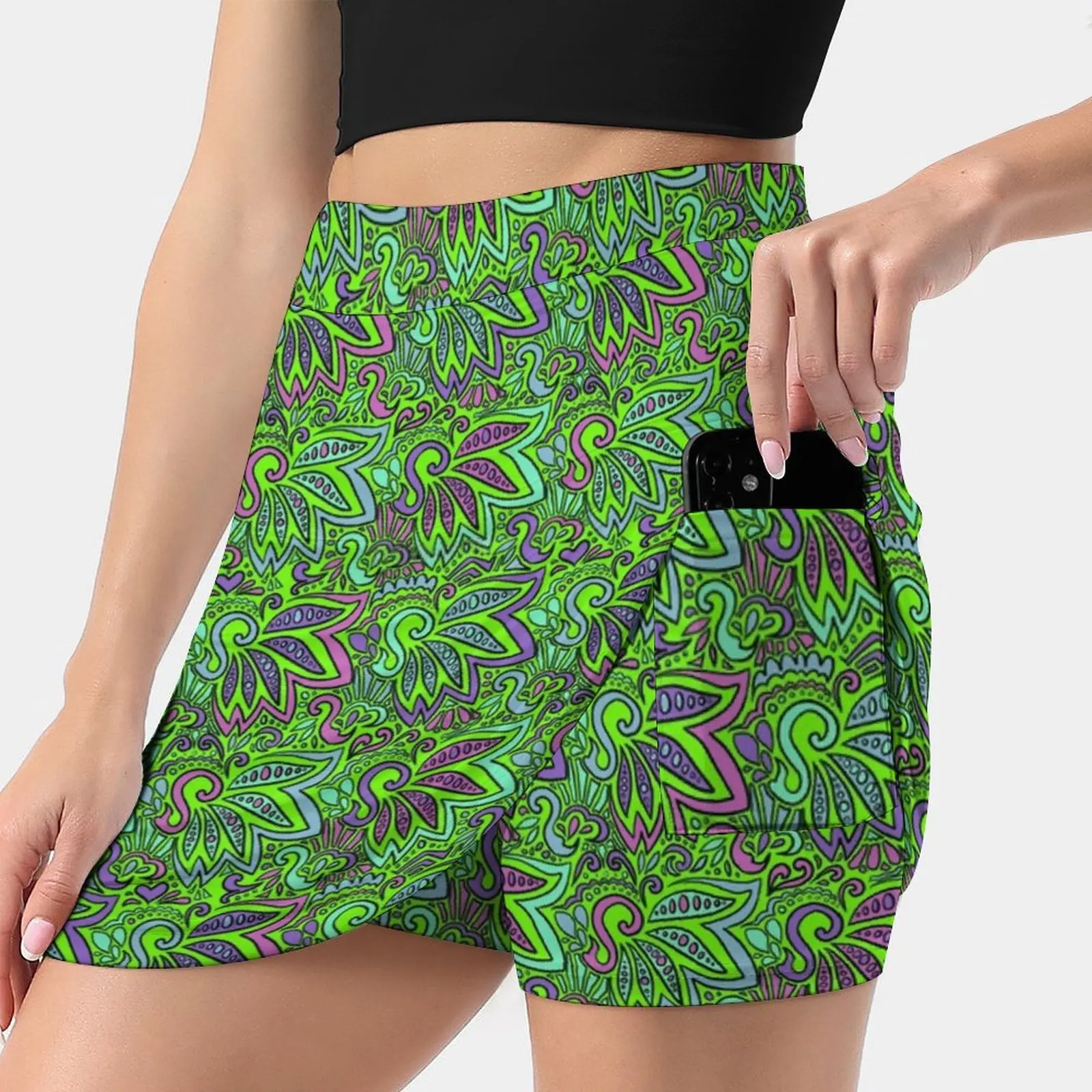 Lime Cool Paisley Korean Fashion Skirt Summer Skirts For Women Light Proof Trouser Skirt Paisley Lime Bright Spiral Swirls Boho