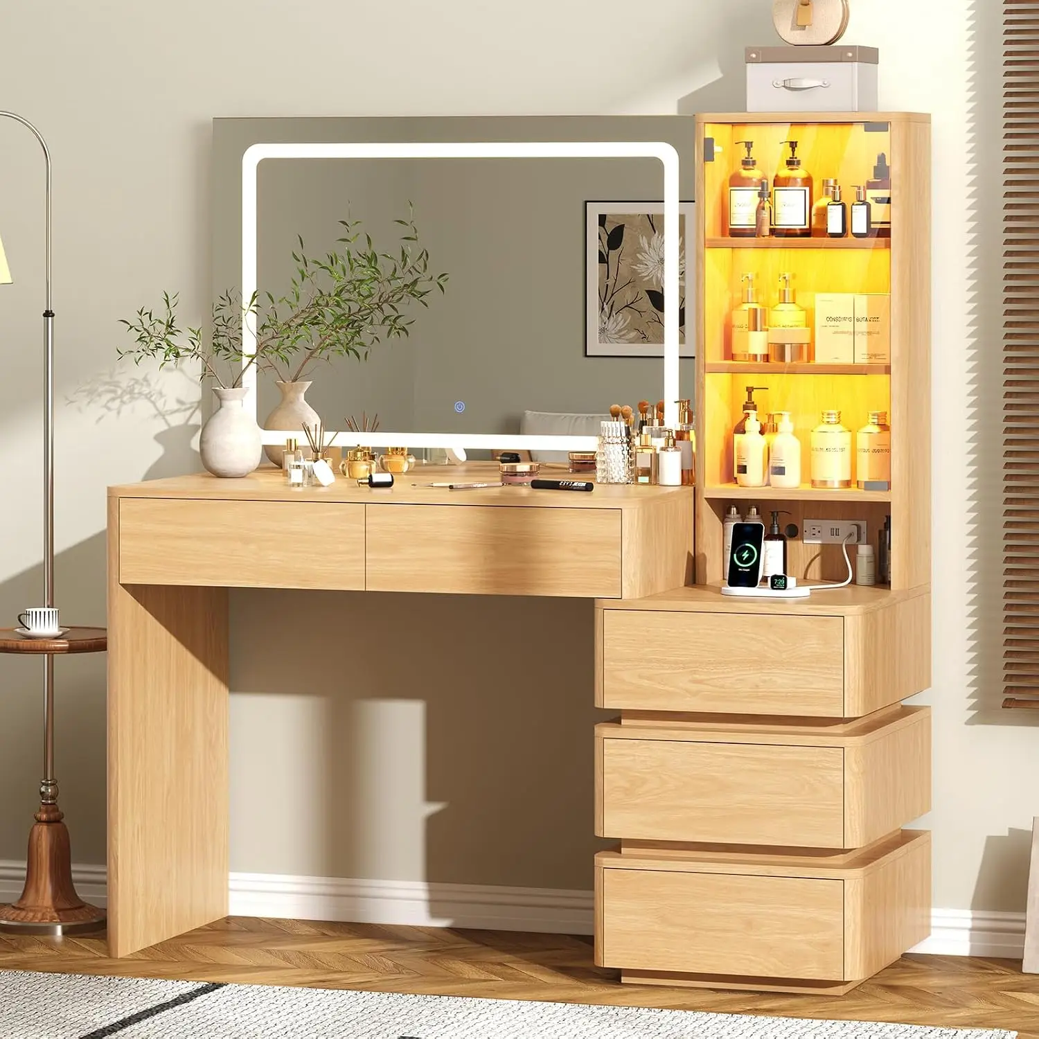 Large Vanity Desk with Mirror and LED Lights, 47