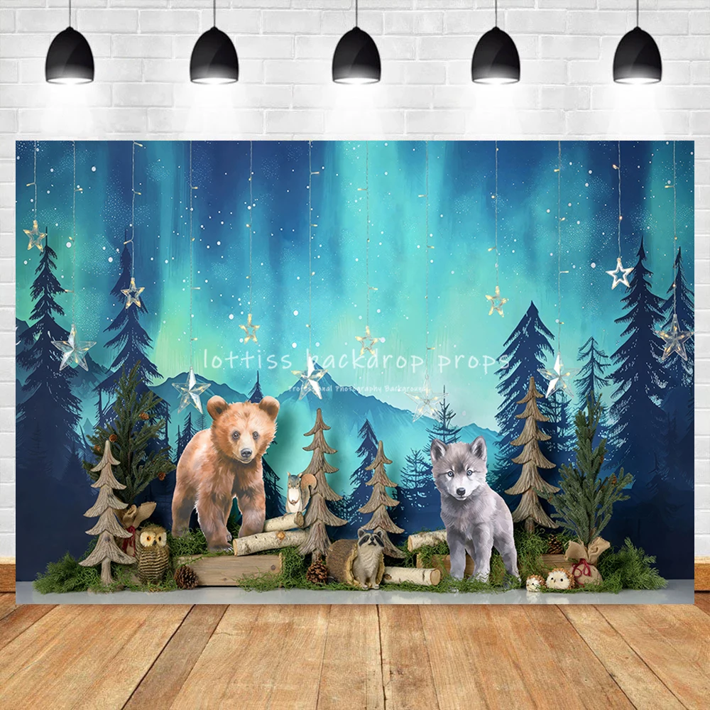 

Northern Lights Forest Backdrops Kids Baby Birthday Cake Smash Child Adult Photocall Animals Brown Bear Wolf Jungle Backgrounds