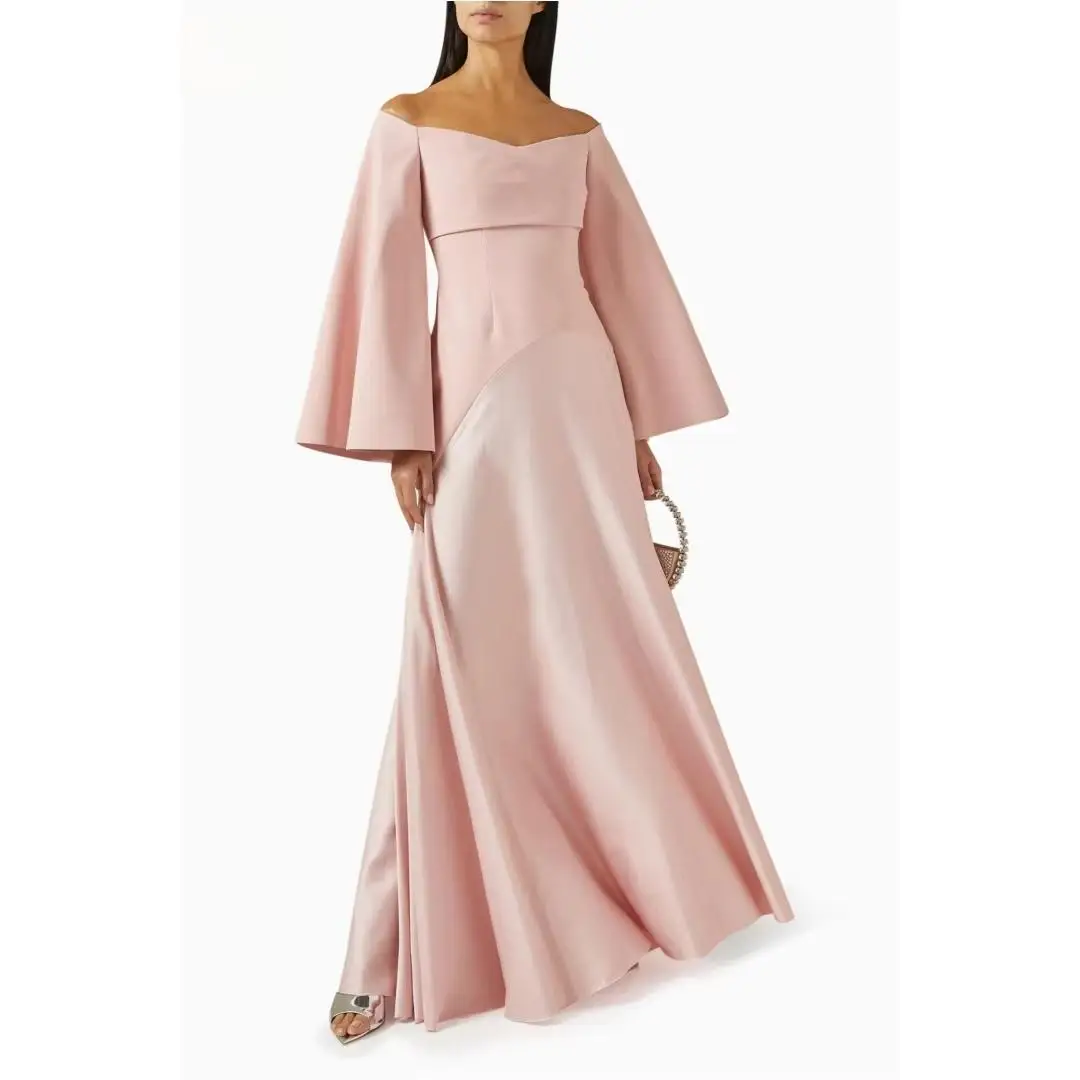Vestido de noche rosa sin tirantes, manga larga, corte en A, hombros descubiertos, largo hasta el suelo, plisado, vestido de fiesta de boda personalizado, 2025