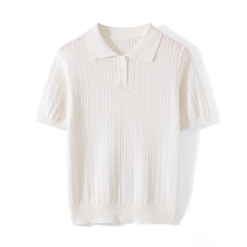 Women's Summer Silk Cotton T-shirt POLO Collar Short Sleeve Loose Fit Smooth Pure Cotton Bottom Top